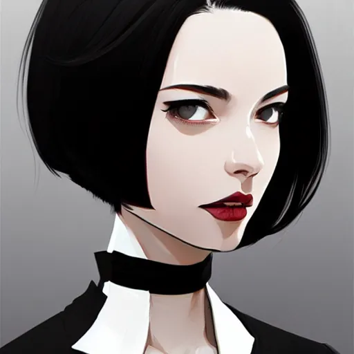 Image similar to slim cruel business girl in tuxedo with black bob hair, elegant, 2d, ultra highly detailed, digital painting, smooth, sharp focus, artstation, art by Ilya Kuvshinov