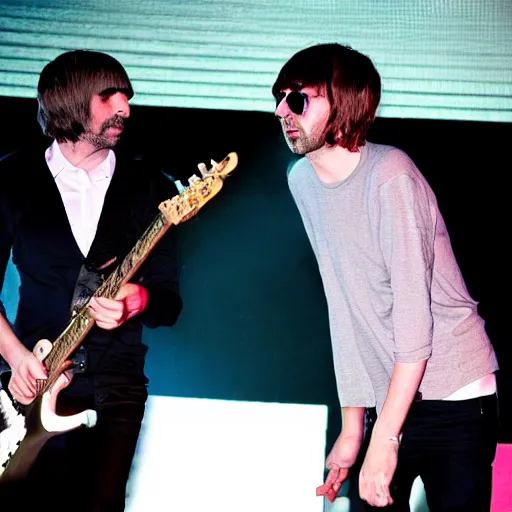 Prompt: slenderman and liam gallagher playing concert together