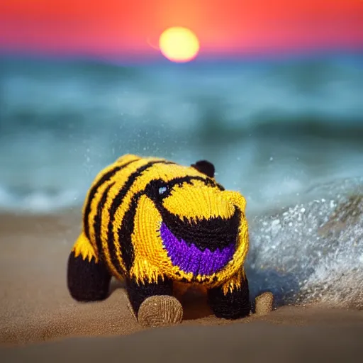 Image similar to a closeup photorealistic photograph of a cute smiling knitted tiger hippopotamus chasing a beachball at sunset. surf in the background. professional capture. this 4 k hd image is trending on artstation, featured on behance, well - rendered, extra crisp, features intricate detail, epic composition and the style of unreal engine.