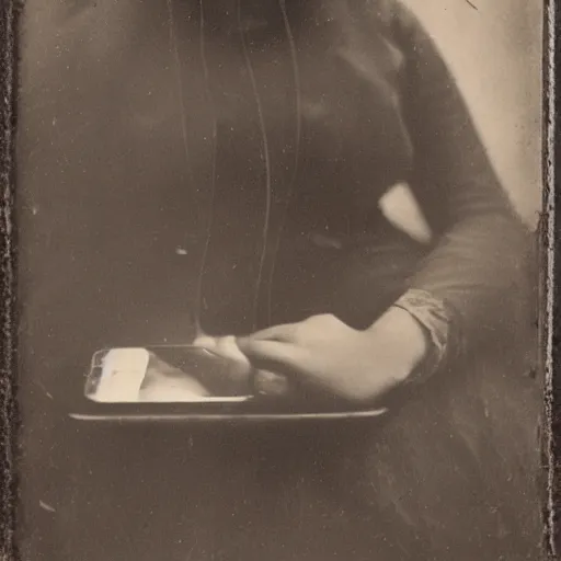 Image similar to Woman in 1910 using an iPhone, daguerreotype photo, HD