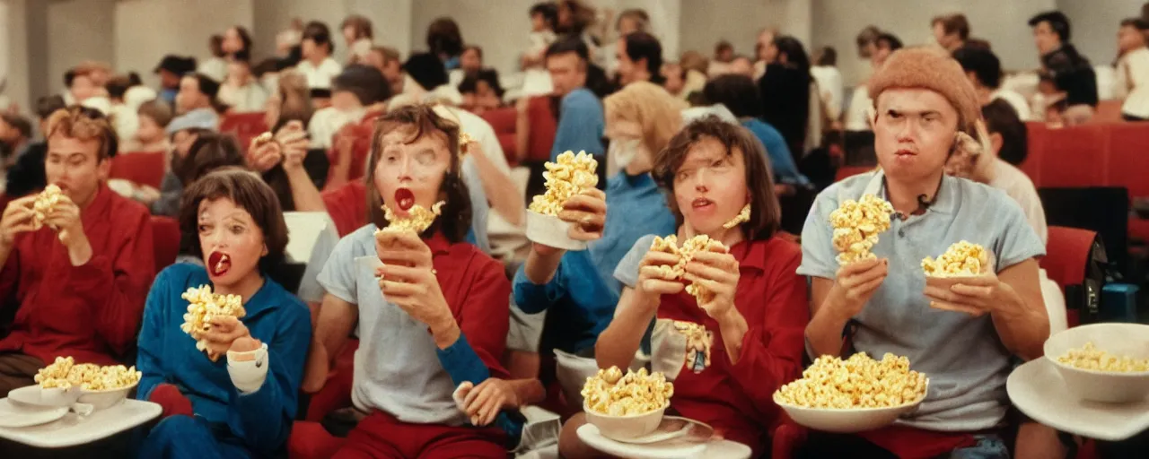 Image similar to people at the movies eating spaghetti out of a popcorn container, kodachrome, in the style of wes anderson, retro