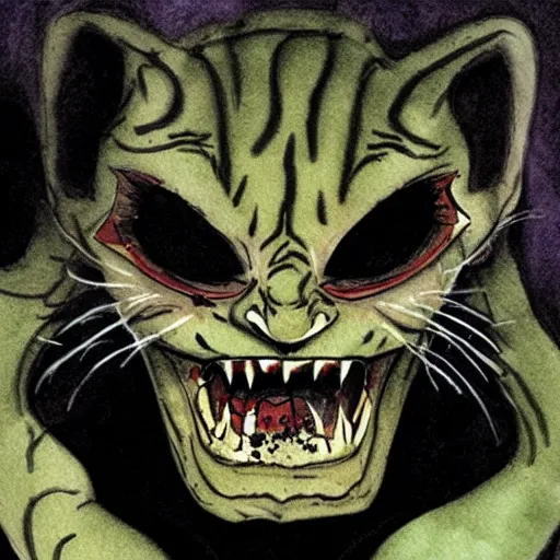 Image similar to dracula cat from the black lagoon watercolor geoff darrow style