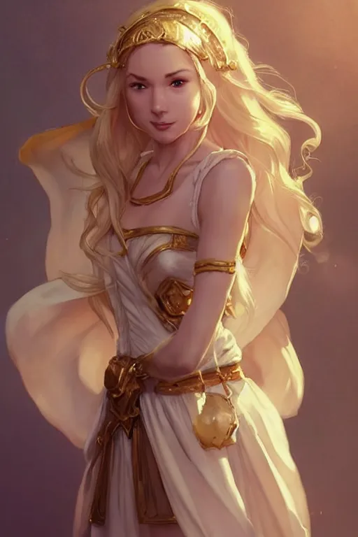 Prompt: Pretty Female Cleric, white robes, golden details!, church background!, golden hair, green eyes, light brown skin!, detailed face, cute smile, Alluring, DND, D&D, low fantasy, by WLOP, Stanley Artgerm Lau, frank frazetta, Rossdraws, James Jean, artgerm, trending on Arstation, artstationHD, artstationHQ, cgsociety, HD 16K, extremely detailed, face details!, NO EXTRA ARMS!, pose