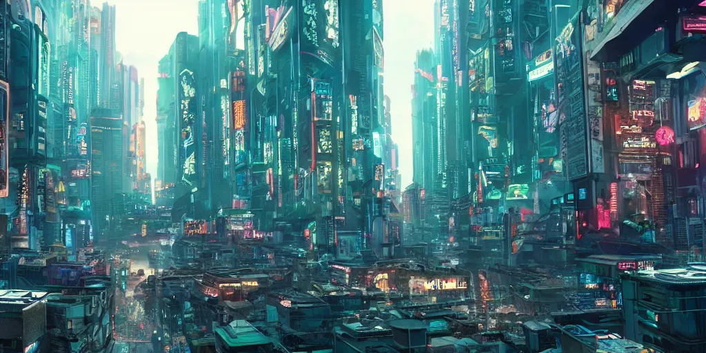 Image similar to movie still of a cyberpunk city with design inspired by Arabic style architecture, directed by Denis Villeneuve, 4KUHD, wide shot, award winning