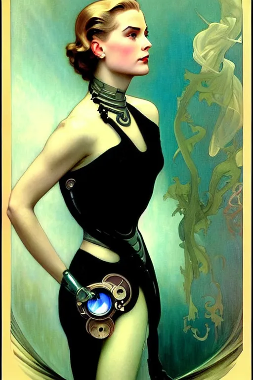 Image similar to young and beautiful evil cyborg grace kelly by future steichen in the style of tom bagshaw, alphonse mucha, gaston bussiere, cyberpunk. anatomically correct elegant cybernetic body mods. extremely lush detail. masterpiece. melancholic scene infected by night. perfect composition and lighting. sharp focus. high contrast lush surrealistic photorealism. sultry evil.