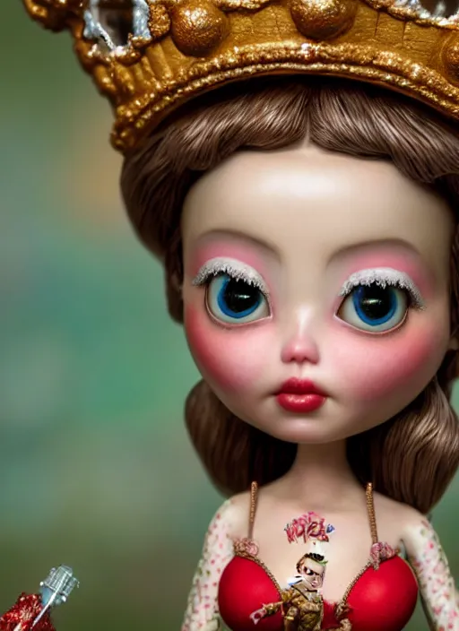 Image similar to highly detailed closeup, face profile portrait of a tin toy fairytale princess wearing a crown eating cakes, bikini, unreal engine, nicoletta ceccoli, mark ryden, earl norem, lostfish, global illumination, detailed and intricate environment