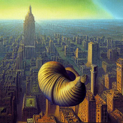 Prompt: a giant snail stands over a city painting by barlowe, behsinski colors. masterpiece painting