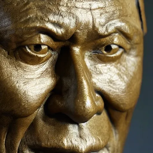 Image similar to close up shot of an old bronze statue of takeshi kitano in a museum