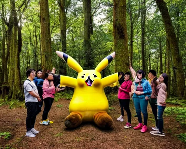 Image similar to photograph of a group of people worshipping a giant pikachu in a forest, ultra realistic!!!, spring time, slight overcast weather, golden hour, sharp focus