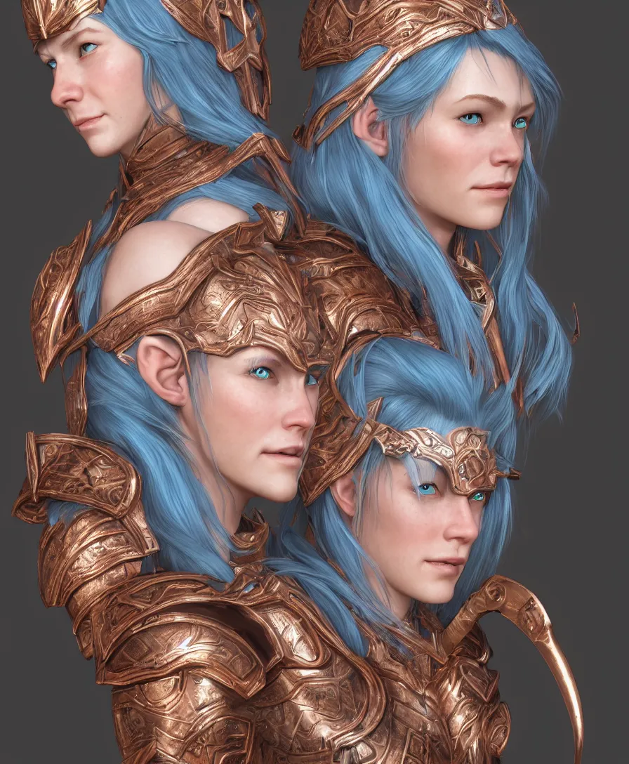 Prompt: a beautiful and highly detailed digital portrait of a dignified female elven paladin with blue hair in rose gold armor by clint cearley, headshot, centered, artsation contest winner, artstation hd, cgsociety, fantasy art, cryengine, concept art, photorealism, daz 3 d, sketchfab, zbrush, vray