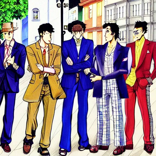 Prompt: a beautiful painting of four well dressed men posing for a picture on a city street by hirohiko araki, detailed line art, jojos bizarre adventure