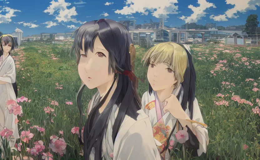 Image similar to anime style, panoramic view, a girl walking, summer festival in background, yukata clothing, battlefield in background, hair down, symmetrical facial features, real faces, from arknights, hyper realistic, 4 k, extreme detail, trending artstation, safebooru, realistic lighting, by alphonse mucha, greg rutkowski, sharp focus