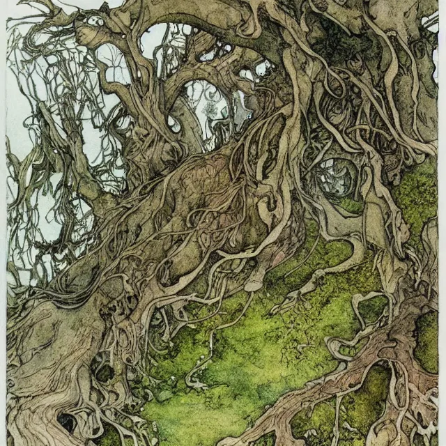 Image similar to a detailed, intricate watercolor and ink portrait illustration with fine lines, of a forest of gnarled trees and mossy ground, by arthur rackham and edmund dulac and ted nutall and mucha