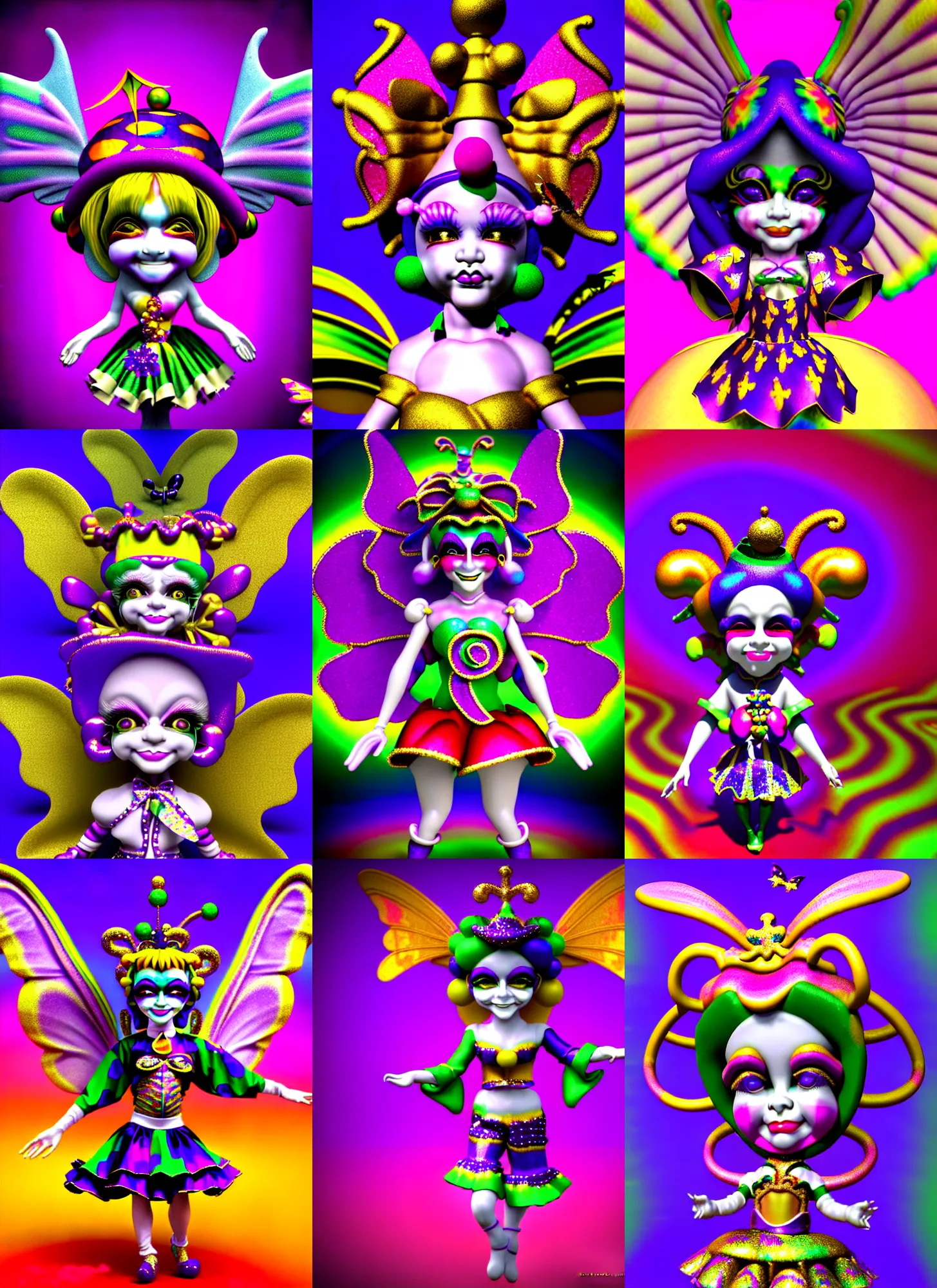 Prompt: 3d render of chibi mardi gras jester doll by Ichiro Tanida wearing angel wings against a psychedelic swirly background with 3d butterflies and 3d flowers n the style of 1990's CG graphics 3d rendered y2K aesthetic by Ichiro Tanida, 3DO magazine