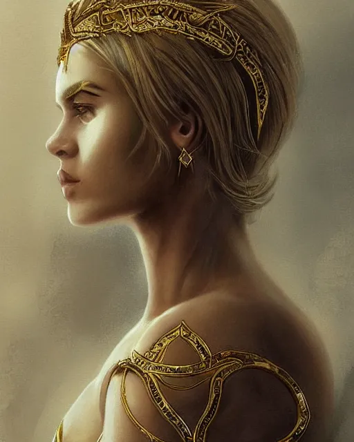 Image similar to tattoo design sketch of hot blonde super model as aphrodite greek goddess wearing a gold laurel wreath and triangle earrings, beautiful piercing gaze with sharp pupils, in the style of greg rutkowski, fantasy, amazing detail, epic, elegant, smooth, sharp focus, front view