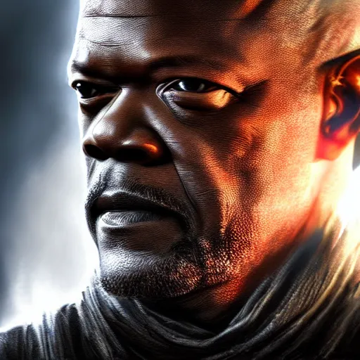 Image similar to a beautiful detailed 3 d matte samuel jackson in game of thrones, ominous, magical realism, texture, intricate, whirling smoke radiant colors, fantasy, volumetric lighting, high details