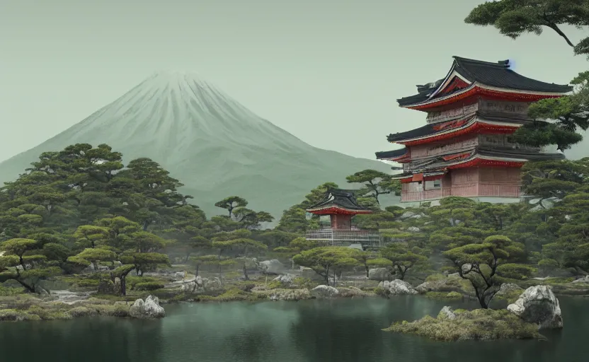 Image similar to highly detailed painting of old, ruined, japanese palace from sengoku period, surrounded by dense rock formations, high in mountains, cinematic lighting, photobash, unreal engine render, nanite