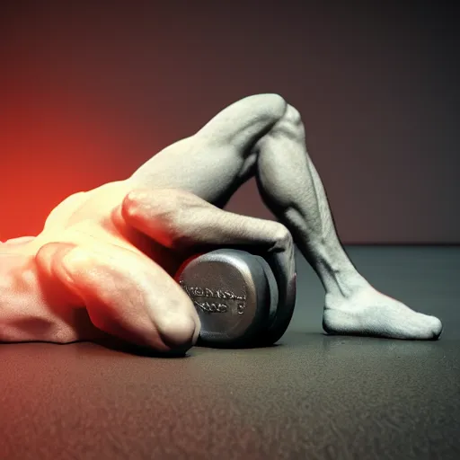 Image similar to A guy is sleeping on a dumbell , cinematic lightening, high quality, 8k , octane render, trending on artstation , greg rutowski