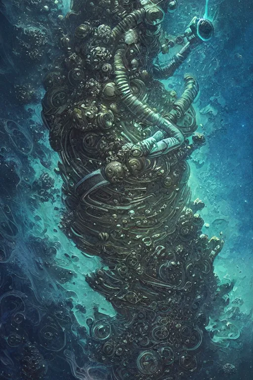 Image similar to close up shot of a full body floating astronaut portrait water elemental, james gurney, peter mohrbacher, mike mignola, black paper, mandelbulb fractal, trending on artstation, exquisite detail perfect, hyper detailed, intricate ink illustration, black background