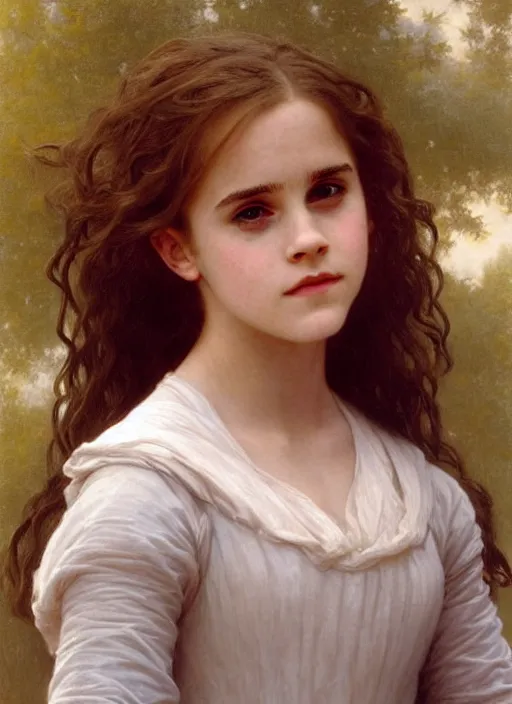 Prompt: painting. [ young ] emma watson as hermione granger 2 0 0 4. prisoner of azkaban. cheerful. happy. smiling. art by william adolphe bouguereau. during golden hour. extremely detailed. beautiful. 4 k. award winning.