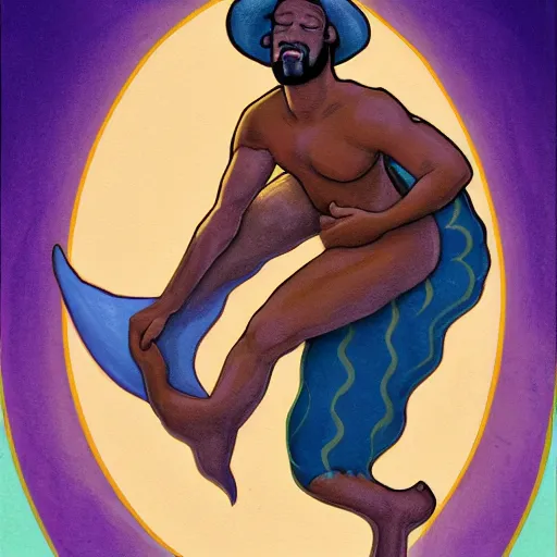 Prompt: a beautiful tarot! painting of a handsome african cowboy, riding a dolphin! in front of a pale lavender sunrise, self erotic, dawn, predawn, golden light, art nouveau, silhouette, no crop, trending on artstation
