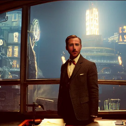 Image similar to a highly detailed cinematic photo from a live - action bioshock movie. andrew ryan, portrayed by ryan gosling, is shown standing in a 1 9 3 0's office with a large desk in front of a floor - to - ceiling window looking out onto the underwater city of rapture shining in the distance, several fish are shown outside of the window