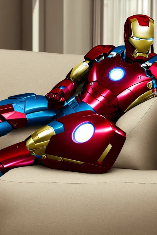 Prompt: Film Still of Iron Man on the couch playing Xbox in the new Avengers movie oil on canvas, intricate, portrait, 8k highly professionally detailed, HDR, CGsociety