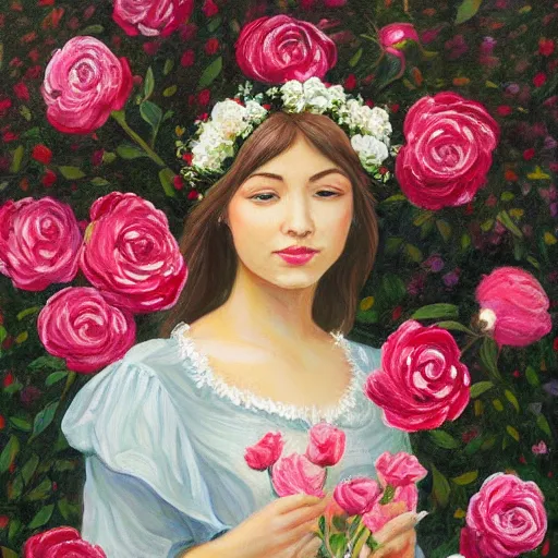 Image similar to a beautiful and intricate painting of a young woman standing in a garden, surrounded by roses. the woman has a gentle, kind expression on her face, and the overall effect is one of serenity and peace.