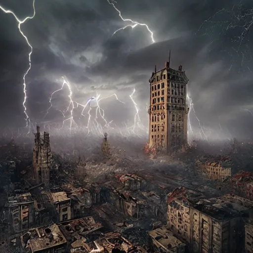 Prompt: a destroyed 1 9 0 0 city with a big tower in the middle covered in mist, lightning bolts hitting and exploding the buildings, by michal karcz