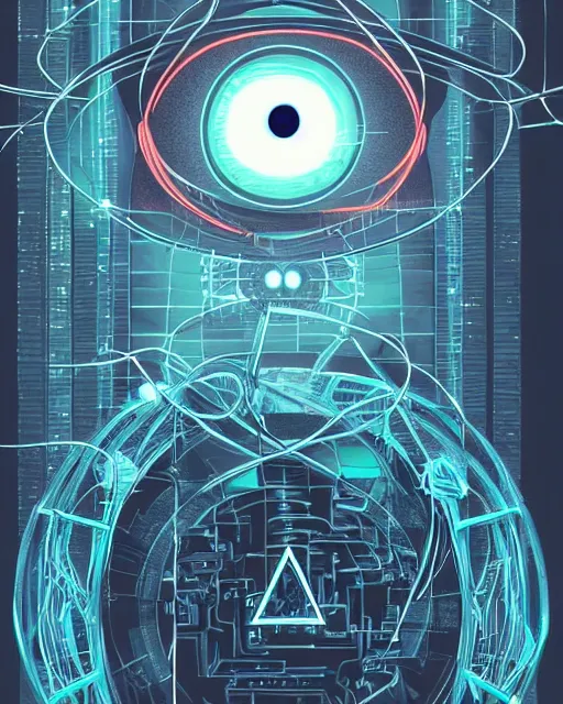 Image similar to eldritch being intertwined with technology, robotic eye, pyramid symbol, paranoia, wires, occult symbols, cyberpunk, digital art, very detailed, colored, clean lines