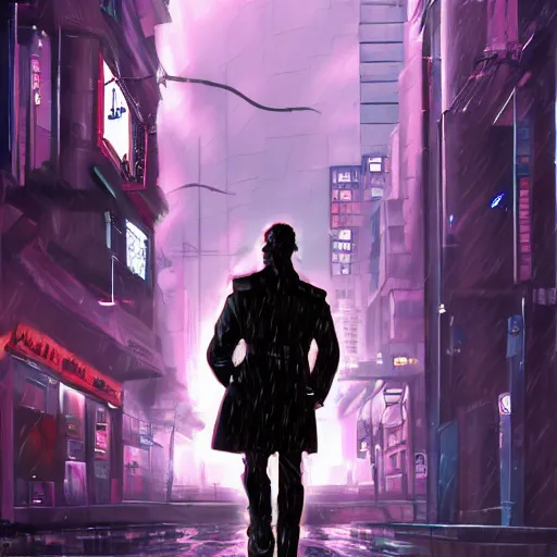 Image similar to frankenstein's monster wearing a trench coat on a wet nighttime street, cyberpunk, synthwave, trending on art station, trending on deviantart, 8 k resolution, epic digital art