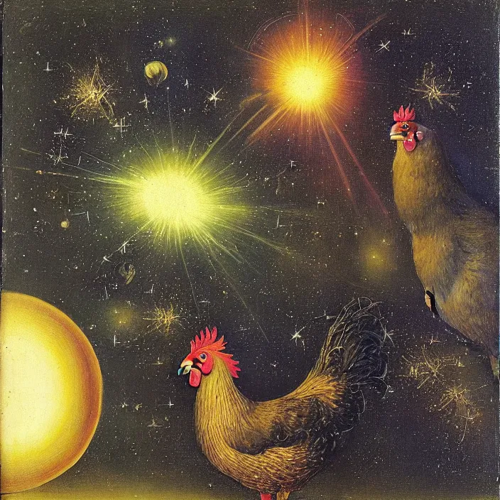 Prompt: a chicken next to a levitating iridescent luminescent orb, nebula, by jan van eyck