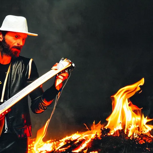 Prompt: a photo of jovanotti ( burn a forest with flamethrower )