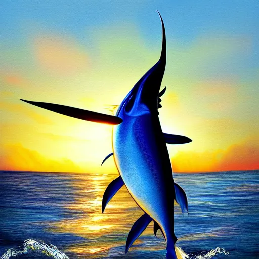 Prompt: detailed blue marlin jumping in front of sunset, dusk, calm seas, digital painting, smooth, sharp detail, 4 k ultra hd