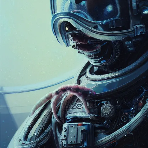 Image similar to hyperrealistic portrait of a squid monster astronaut, full body portrait, well lit, intricate abstract. cyberpunk, intricate artwork, by Tooth Wu, wlop, beeple. octane render,in the style of Jin Kagetsu, James Jean and wlop, highly detailed, sharp focus, intricate concept art, digital painting, ambient lighting, 4k, artstation