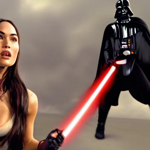 Image similar to first shot of megan fox fighting darth vader in star wars reboot, ( eos 5 ds r, iso 1 0 0, f / 8, 1 / 1 2 5, 8 4 mm, postprocessed, crisp face, facial features )