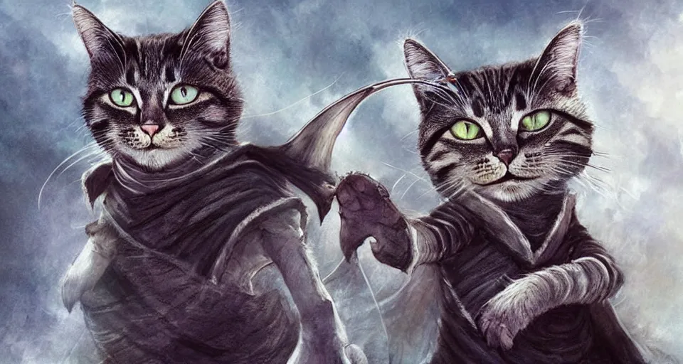 Image similar to if cats were lord of the rings characters, lotr, cats, cats dressed in lotr costumes, hobbits, gandalf, elves, dwarves, 4 k, hyper realistic, artstation