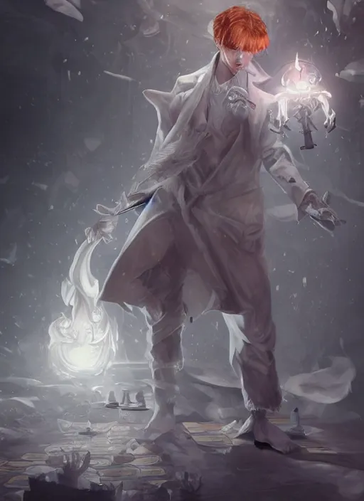 Prompt: a highly detailed illustration of short ginger haired man wearing white suit, dramatic holding chess piece pose, summoning demon girl, intricate, elegant, highly detailed, centered, digital painting, artstation, concept art, smooth, sharp focus, league of legends concept art, WLOP