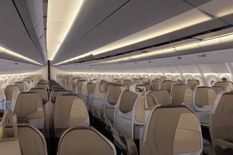 Prompt: Interior shot of a futuristic economy class cabin on a widebody jet with two aisles in an earthy color palette