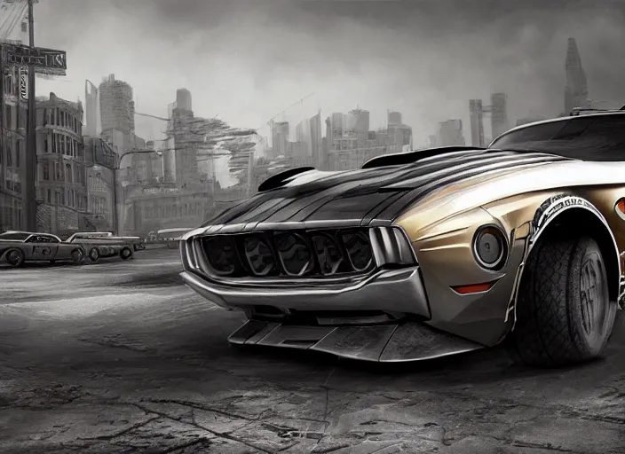 Image similar to cartoon illustration concept art of a muscle car in full intricate detail, ultra detailed, realistic digital art, octane render, 4K, dystopian, micro details