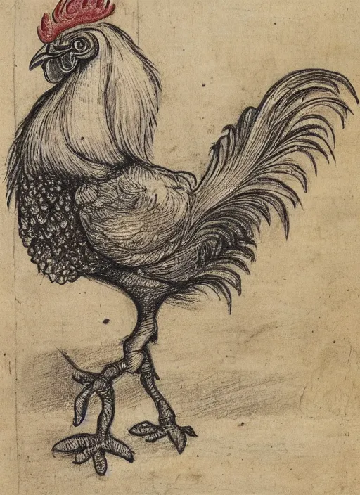 Image similar to a detailed, intricate drawing on parchment with white highlights of a rooster on a beach, by albrecht durer