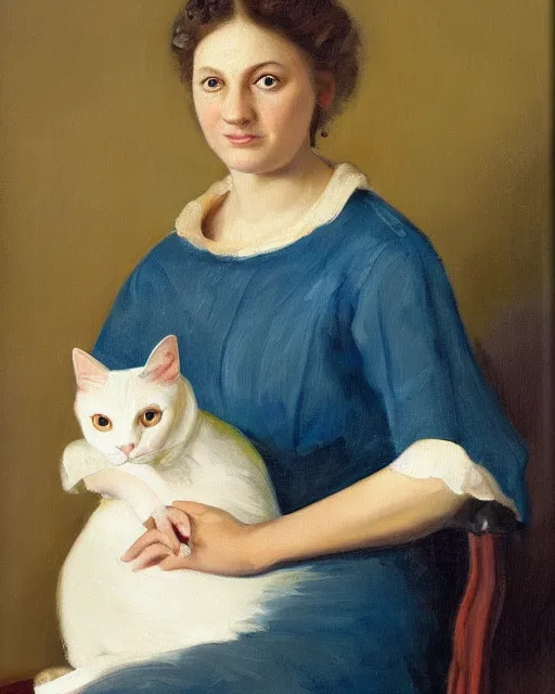 Prompt: an expensive oil painting portrait of a woman wearing leisure clothes and holding a cat in her lap, seated, soft lighting, muted background, classical