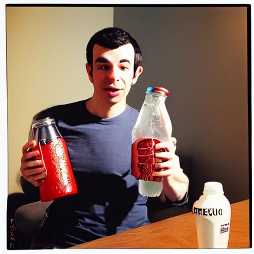 Prompt: “ nathan fielder drinking from a huge soda bottle ”