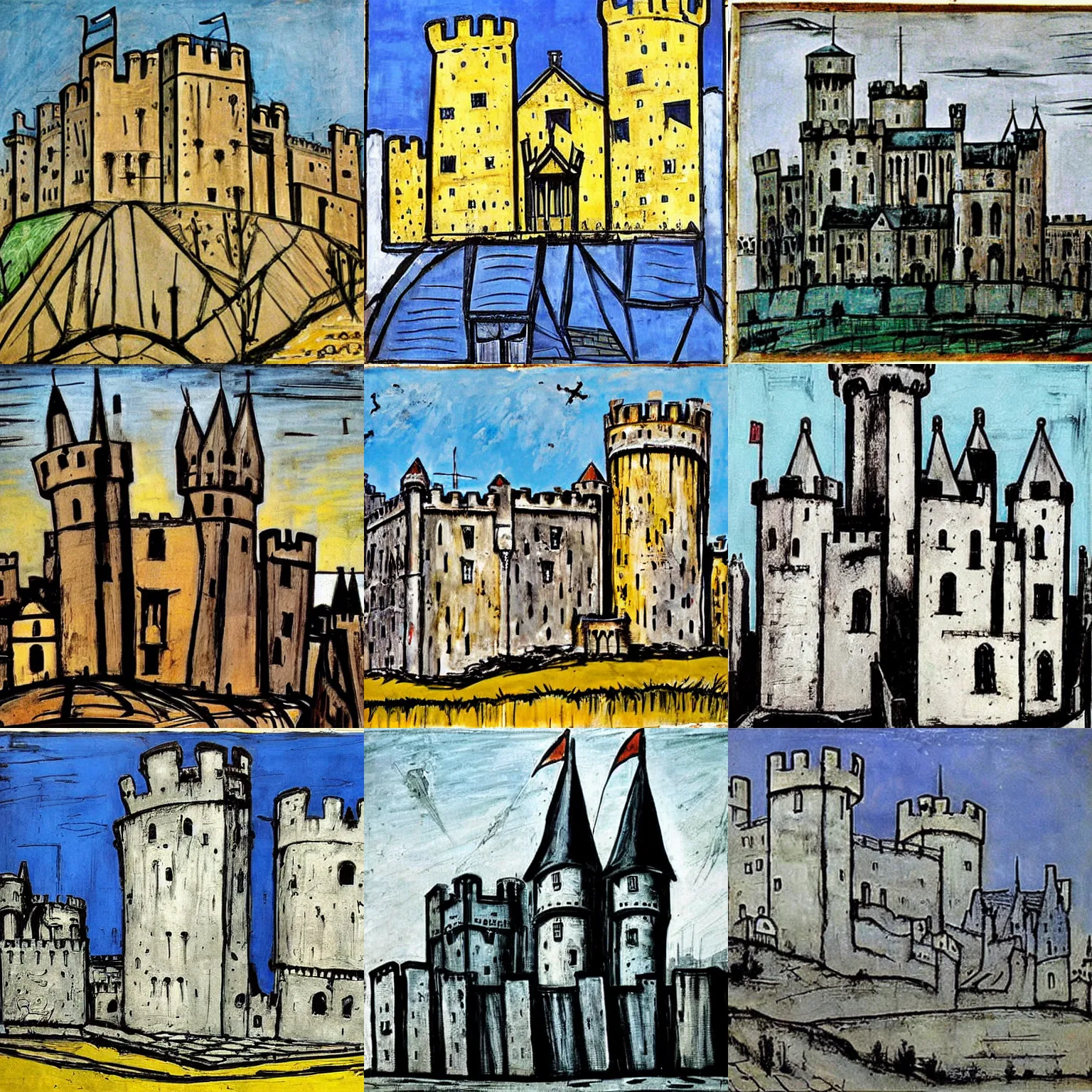 Prompt: medieval castle, by bernard buffet