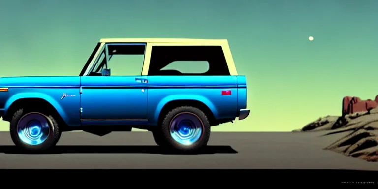 Image similar to a cinematic keyframe matte painting of a sleek 1 9 7 0 s vaporwave concept vehicle retro - futurism sci - fi skey blue ford bronco car in an open garage in the colorado, view from the street. in the moonlight. rocky mountains. by eric lafforgue, glennray tutor and edward hopper, greg rutkowski. trending on artstation.