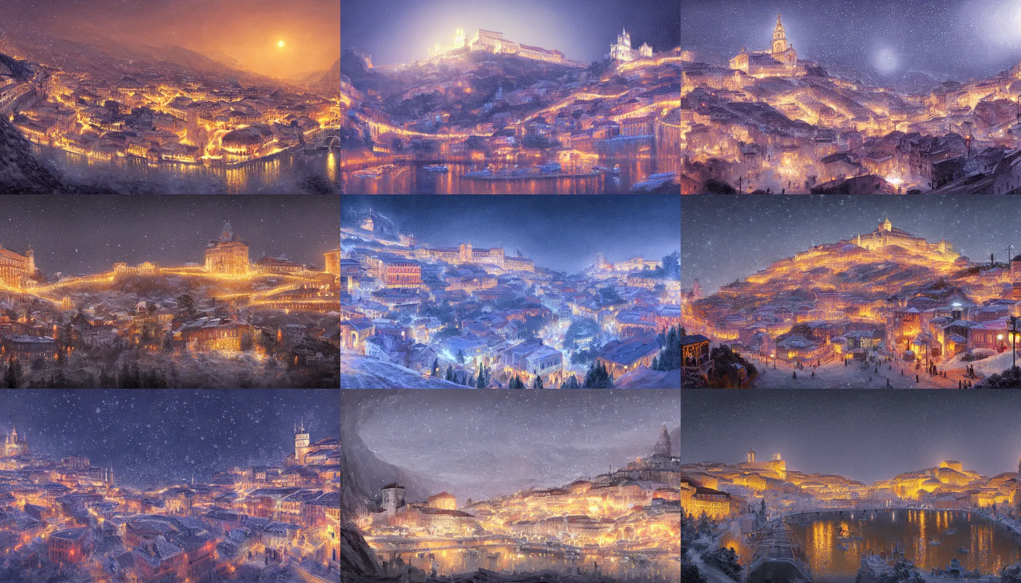 Prompt: Digital painting of a Lisbon decorated with lights built inside a snowy mountain, hyperdetailed, artstation, cgsociety, 8k