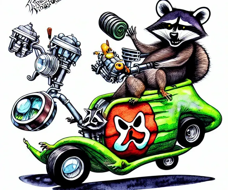 Image similar to cute and funny, racoon wearing a helmet riding in a tiny rob zombie dragula with oversized engine, ratfink style by ed roth, centered award winning watercolor pen illustration, isometric illustration by chihiro iwasaki, edited by range murata