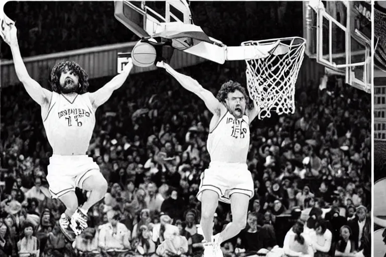 Image similar to peter dinklage dunking a basketball nba slam dunk contest 1 9 9 8, in the style of eugene atget and peter witkin