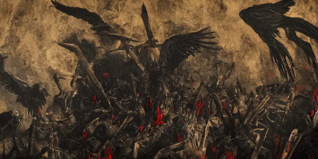 Image similar to biden in dante's inferno painting, crows, crosses, dark beauty, rotten gold, closeup faces, extremely detailed, cinema 4 d, unreal engine.