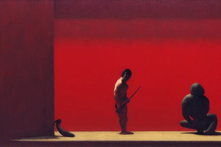 Image similar to only with red, a red samurai do seppuku, tokio, a lot of frogs watch, in the style of beksinski, parts by edward hopper, parts by rodcenko, parts by yue minjun, intricate and epic composition, red by caravaggio, insanely quality, highly detailed, masterpiece, red light, artstation, 4 k